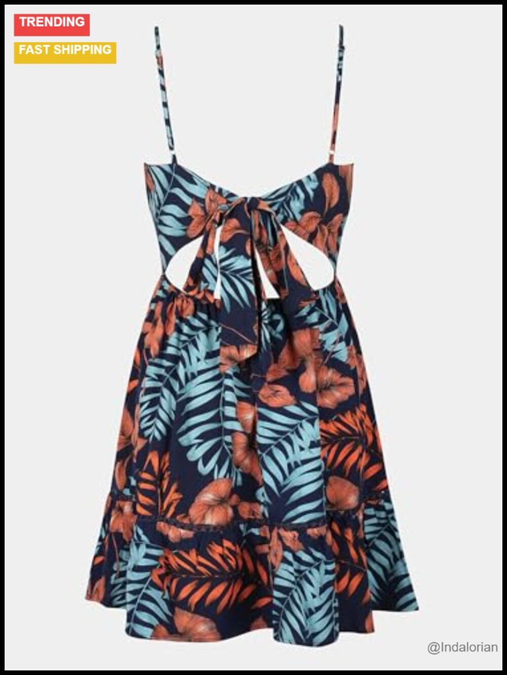 Tropical Print Mini A-Line Sundress V-Neck Self Tie Back Ruffled Sleeveless - Picture 4 of 5